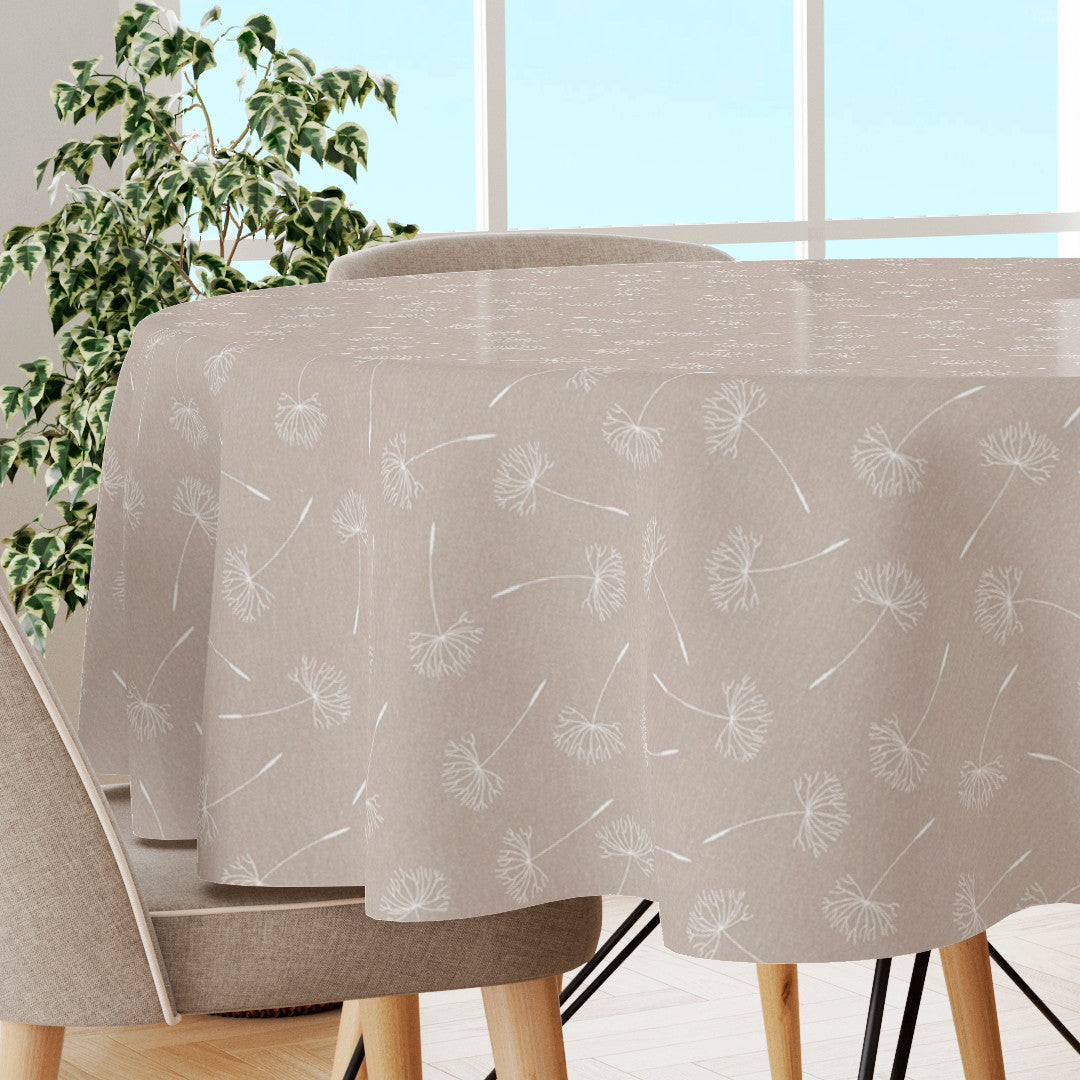 Frøvik Beige – Runde Wachstuch Tischdecke mit weißen Blumen in Leinenoptik