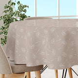 Frøvik Beige – Runde Wachstuch Tischdecke mit weißen Blumen in Leinenoptik