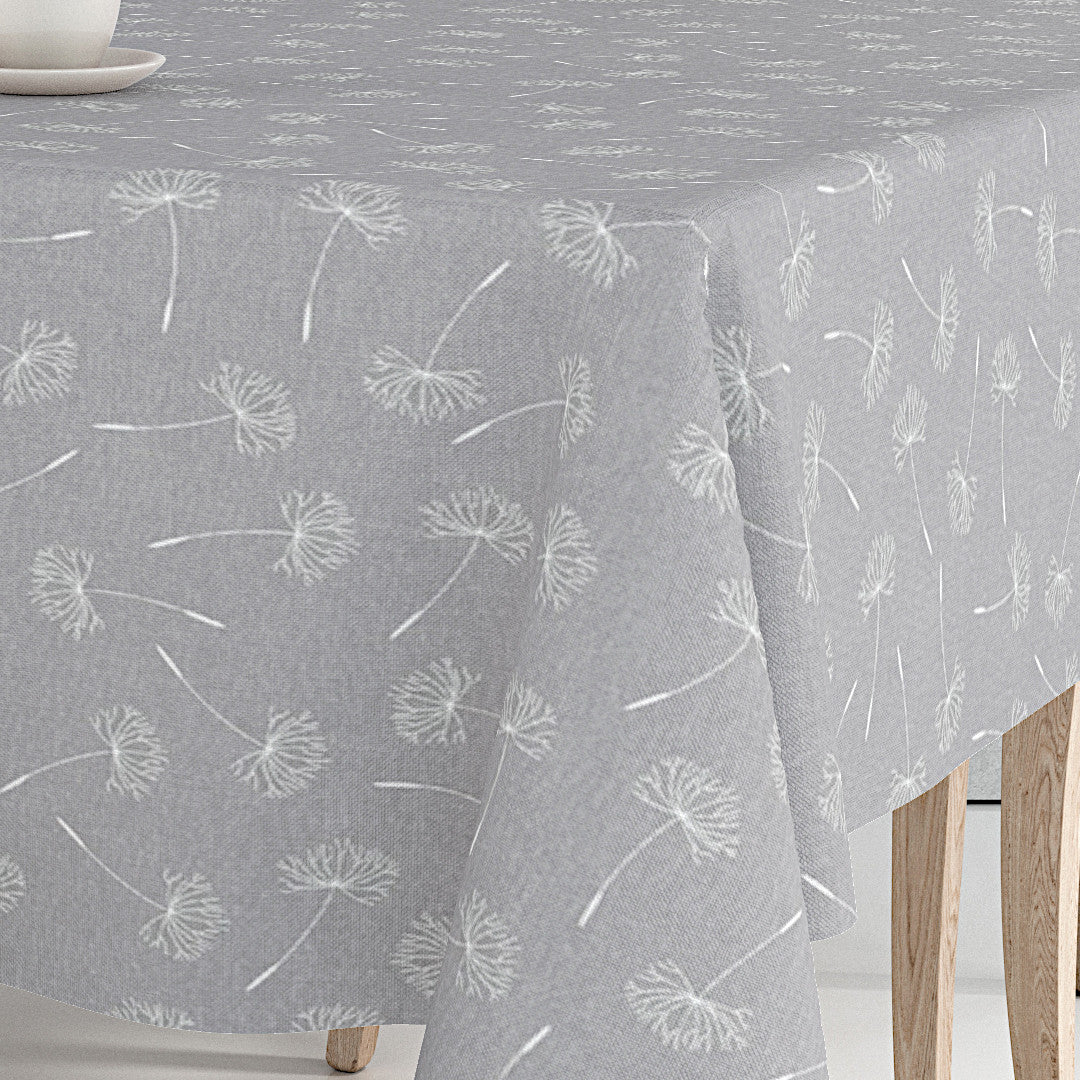 Frøvik Grau – Wachstuch Tischdecke mit weißen Blumen in Leinenoptik, Ecke