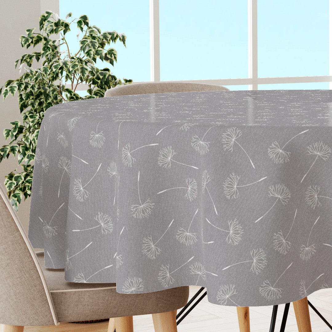 Frøvik Grau – Runde Wachstuch-Tischdecke mit weißen Blumen in Leinenoptik