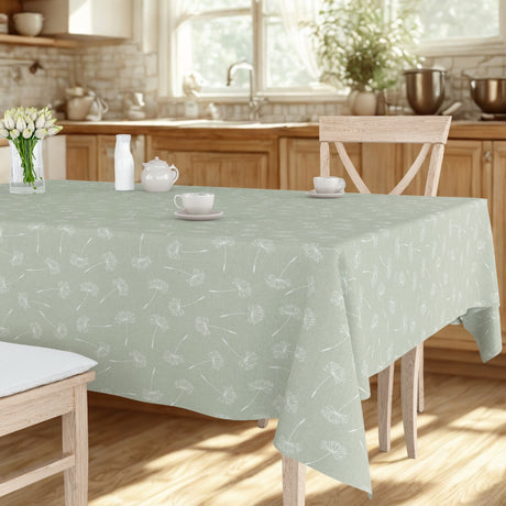 Frøvik Grün – Wachstuch Tischdecke mit weißen Blumen in Leinenoptik, Küchenambiente