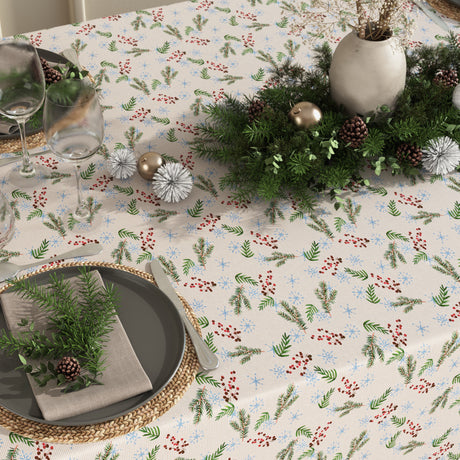 Frost og Evergreens - Abwaschbare Tischdecke mit Weihnachts- und Wintermotiven und Tischdekoration