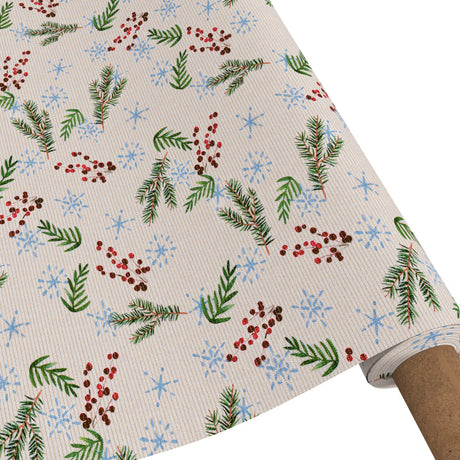 Frost og Evergreens - Abwaschbare Tischdecke mit Weihnachts- und Wintermotiven, auf einem Kern aufgerollt