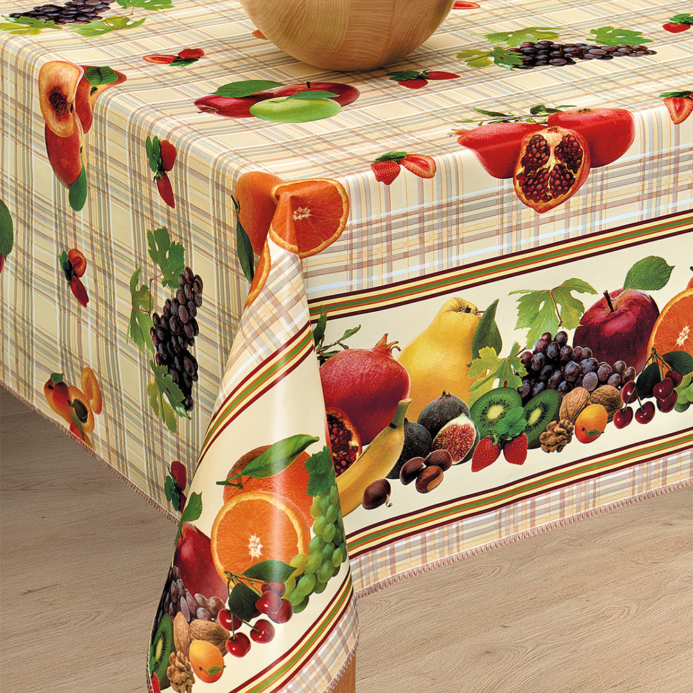 Obstschale - Wachstuch Tischdecke mit Früchten auf feinem kariertem Grund