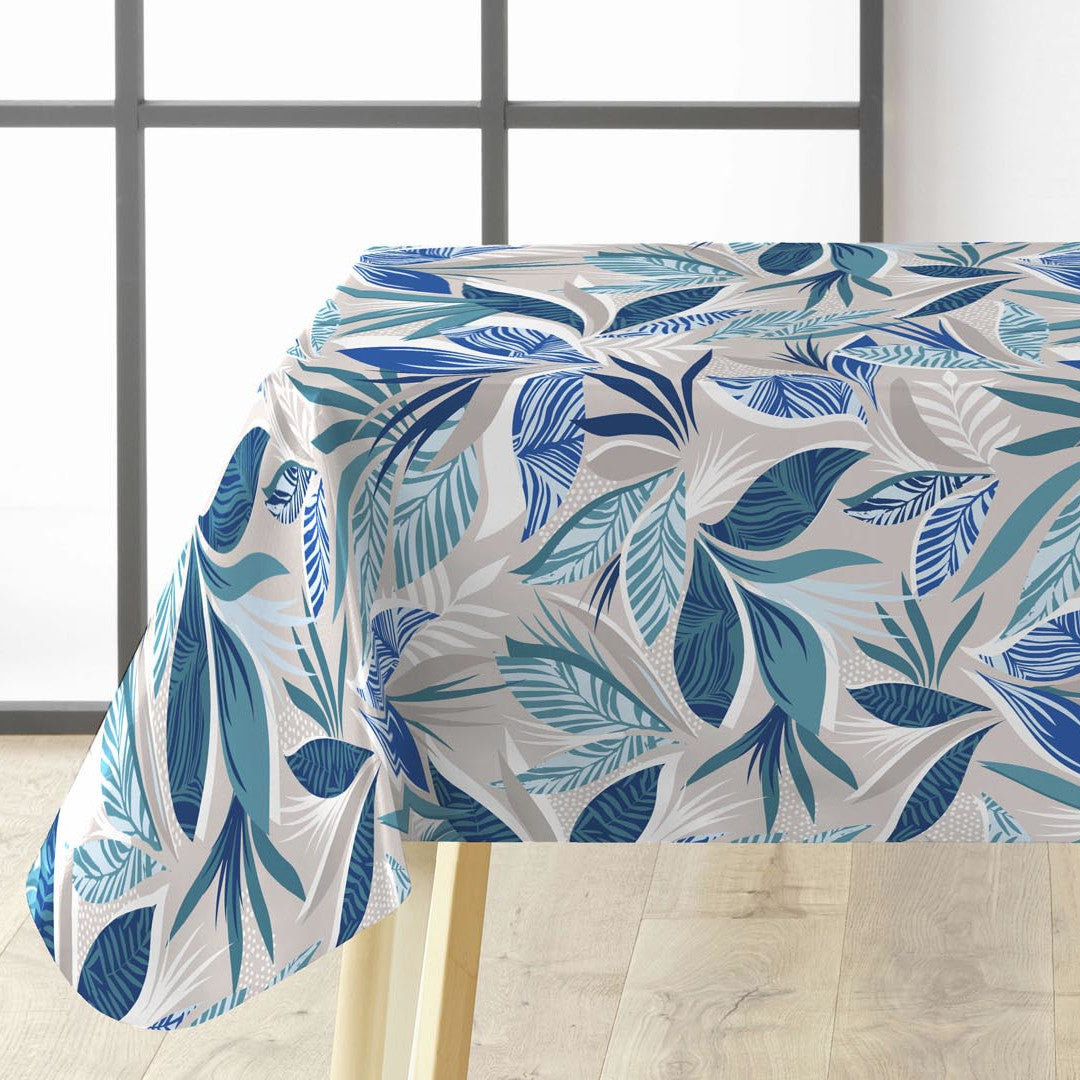 Funky Blue Jungle Wachstuch Tischdecke mit blauen Blättern auf dem Tisch