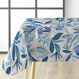 Funky Blue Jungle Wachstuch Tischdecke mit blauen Blättern auf dem Tisch