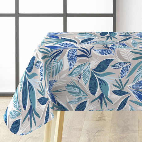 Funky Blue Jungle Wachstuch Tischdecke mit blauen Blättern auf dem Tisch