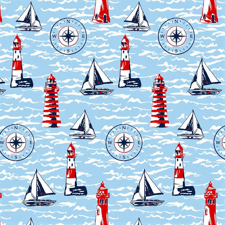 Leuchtturm – Maritime abwaschbare Tischdecke in Hellblau mit Segelschiffen u. a.