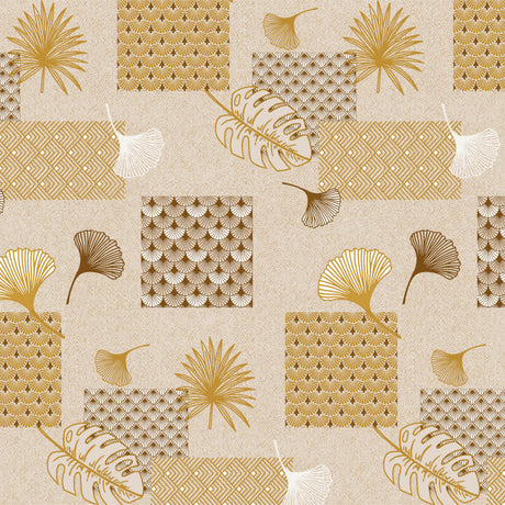 Ginkgo Gold – Beige Wachstuch Tischdecke mit Blättern und Mustern