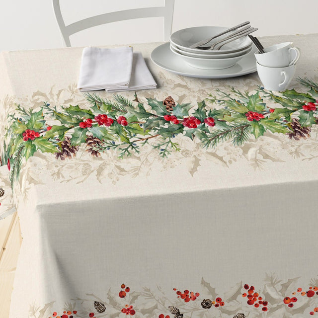 Gloria - Abwaschbare Weihnachtstischdecke mit schönen Zapfen, Beeren, Tannenzweigen