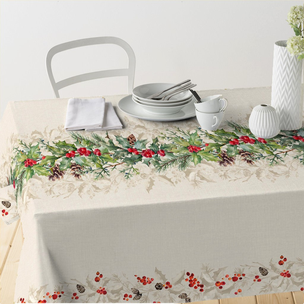 Gloria - Abwaschbare Weihnachtstischdecke mit schönen Zapfen, Beeren, Tannenzweigen und Stechpalme