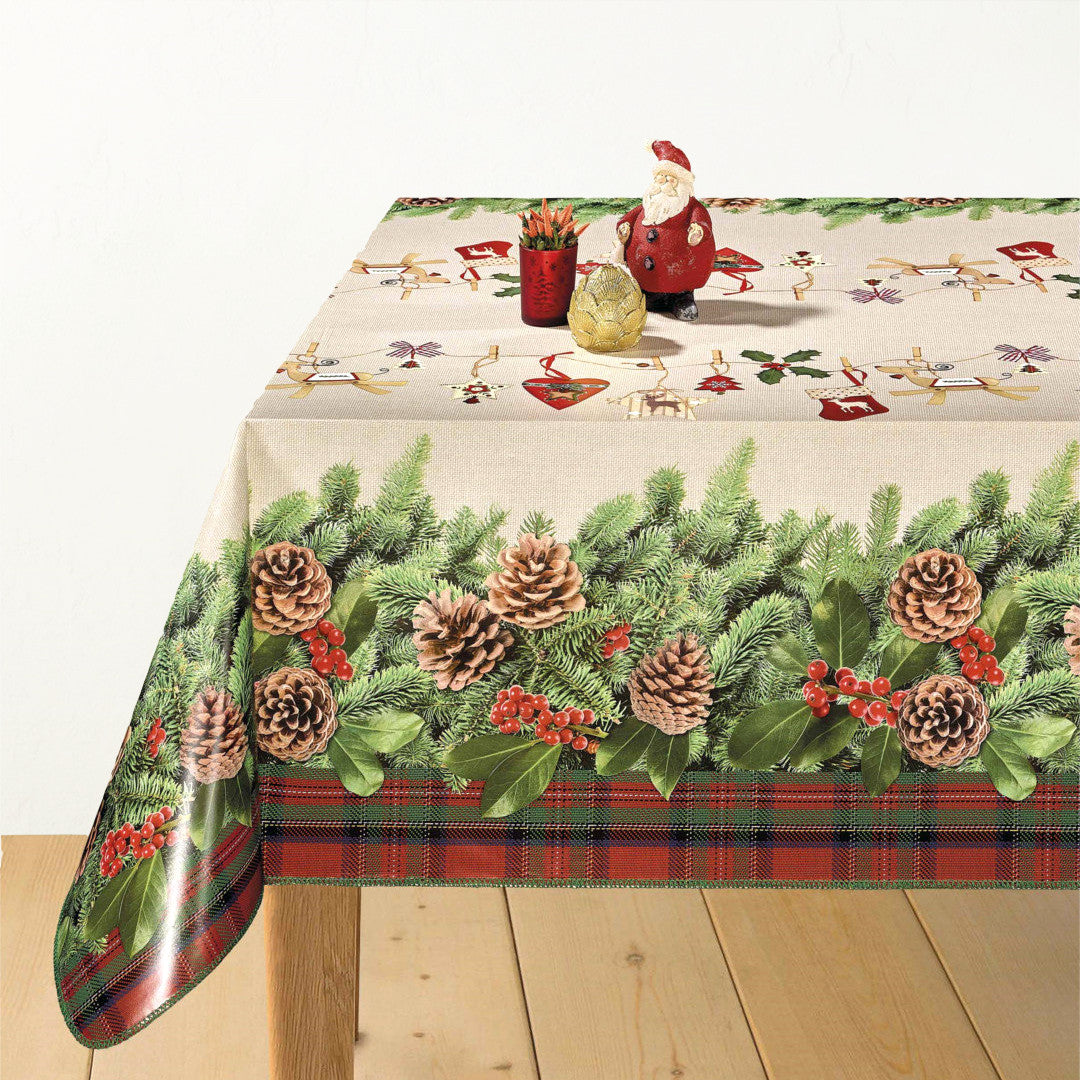 Tannenzweige und Zapfen - helle Wachstuch Tischdecke für Weihnachten mit schöner Stoffoptik