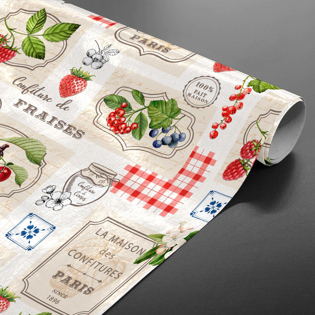 Griotte – nostalgische französische Wachstuch Tischdecke mit Fruchtmotiv, gerollt