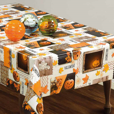 Halloween, Wachstuch Tischdecke mit Gespenstern, Spinnweben, Kürbisköpfen u. m.