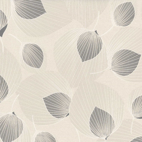 Nahaufnahme der Helga Grau/beige Wachstuch Tischdecke mit Blatt-im-Blatt-Muster und Silberglimmer