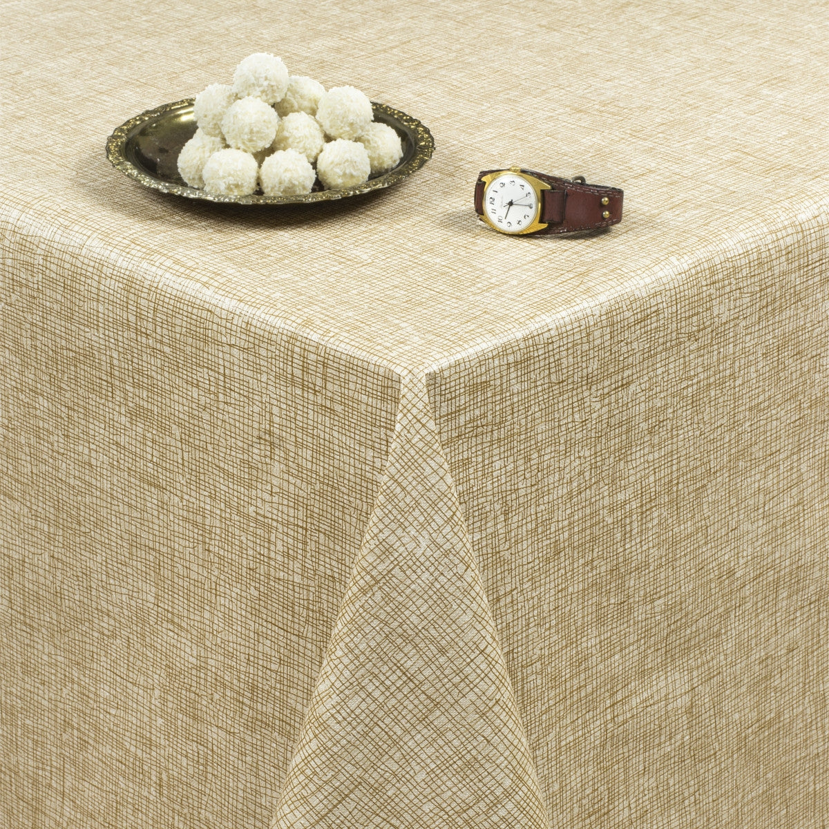 Runde Wachstischdecke mit Gummizug in beiger Juteoptik – für Tische Ø 60–130 cm