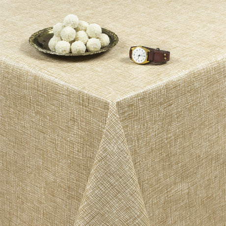 Runde Wachstischdecke mit Gummizug in beiger Juteoptik – für Tische Ø 60–130 cm