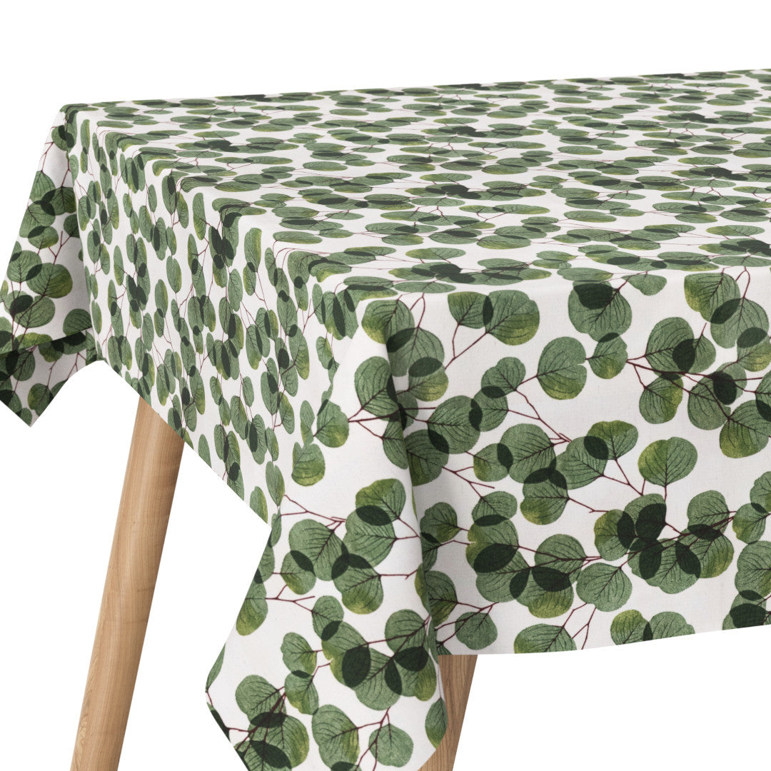 Hjerteblad Grün – Eckaufnahme einer abwaschbaren Tischdecke mit Blättern
