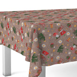 Eckbild von Regalos – abwaschbare Weihnachtstischdecke mit Geschenken, Wichteln und Weihnachtsbäumen