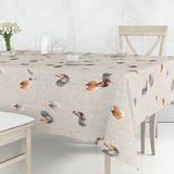 Abwaschbare Tischdecke auf dem Tisch, Leinenoptik und schöne aquarellgemalte Hühner, 160 cm