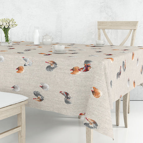 Abwaschbare Tischdecke auf dem Tisch, Leinenoptik und schöne aquarellgemalte Hühner, 160 cm