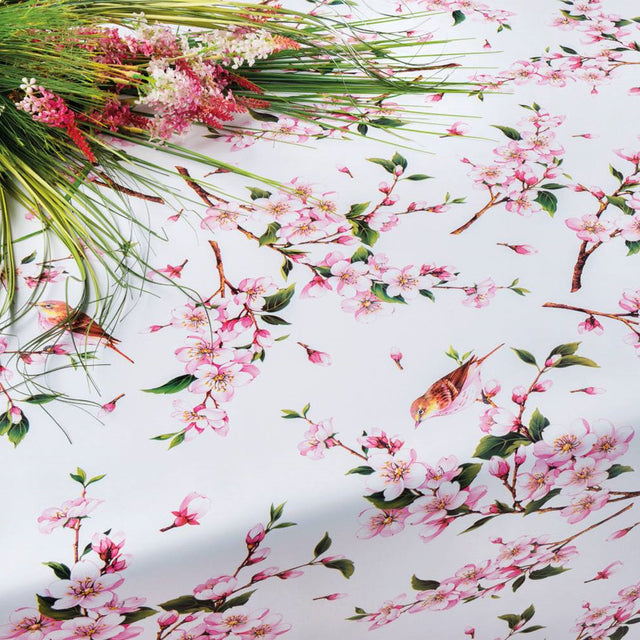 Japanische Kirschblüte - Weiße Wachstuch Tischdecke mit Kirschblüten und Vögeln