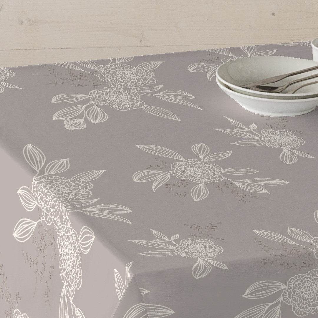 Japondi Dunkelbeige - Abwaschbare Tischdecke mit weißen Line-Art-Blumen