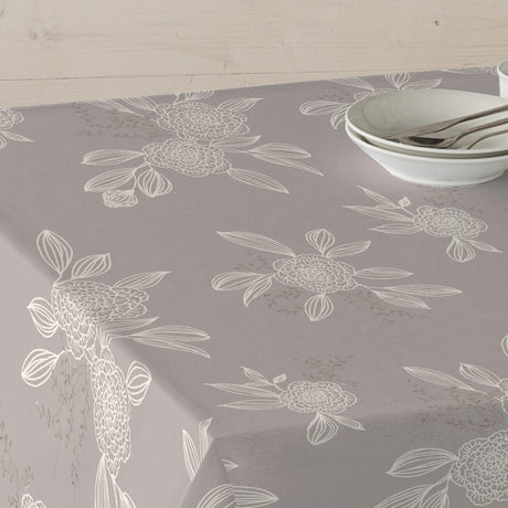 Japondi Dunkelbeige - Abwaschbare Tischdecke mit weißen Line-Art-Blumen