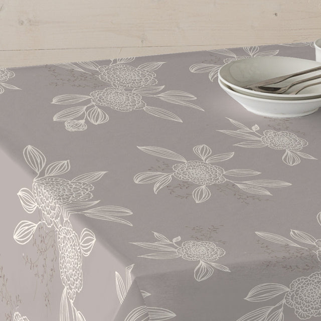 Japondi Dunkelbeige - Abwaschbare Tischdecke mit weißen Line-Art-Blumen