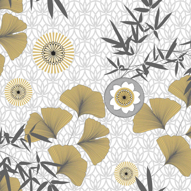 Japonica White – Wachstuch Tischdecke mit schönen Ginkgo-Biloba-Blättern in Gold