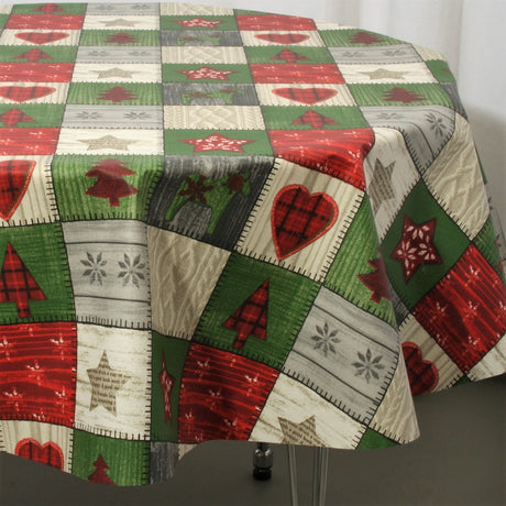 Weihnachtstischdecke Scandy, runde abwaschbare Tischdecke mit Weihnachtsmotiven in Quadraten