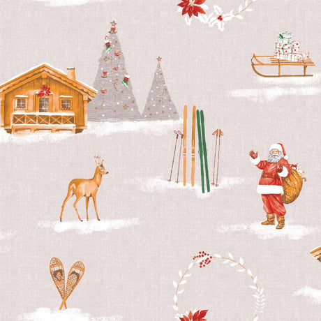 Weihnachten in den Bergen Beige – Wachstuch Tischdecke für Weihnachten mit Berghütte, Skiern und Weihnachtsstimmung
