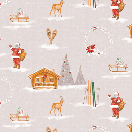 Weihnachten in den Bergen Beige – Wachstuch Tischdecke für Weihnachten mit Berghütte, Skiern und Weihnachtsstimmung