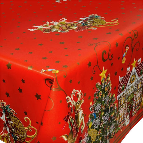 Nahaufnahme der Ecke der Jul i Kagehuset Wachstuch Tischdecke mit Lebkuchenhaus und Stern