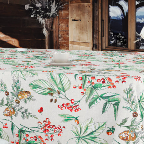 Wachstuch Tischdecke mit grünen Blättern, Tannenzapfen und roten Beeren, Ambiente