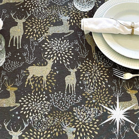 Golden Reindeers – abwaschbare Weihnachtstischdecke mit Rentieren in Grau/Gold/Lurex