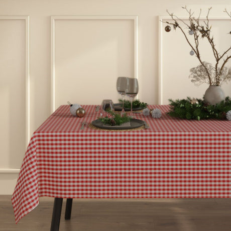 Weihnachtskaros in Rot und Naturweiß – rustikale Weihnachtstischdecke in Leinenoptik mit Acryl im Wohnambiente