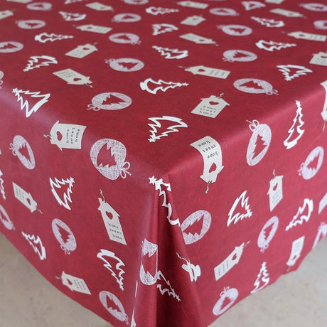 Weihnachtstischdecke, Home Sweet Home, Bordeauxrot – abwaschbare Tischdecke mit Weihnachtsmotiven