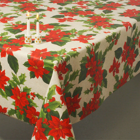 Weihnachtstischdecke - abwaschbare Tischdecke mit Stechpalme in schöner roter Farbe