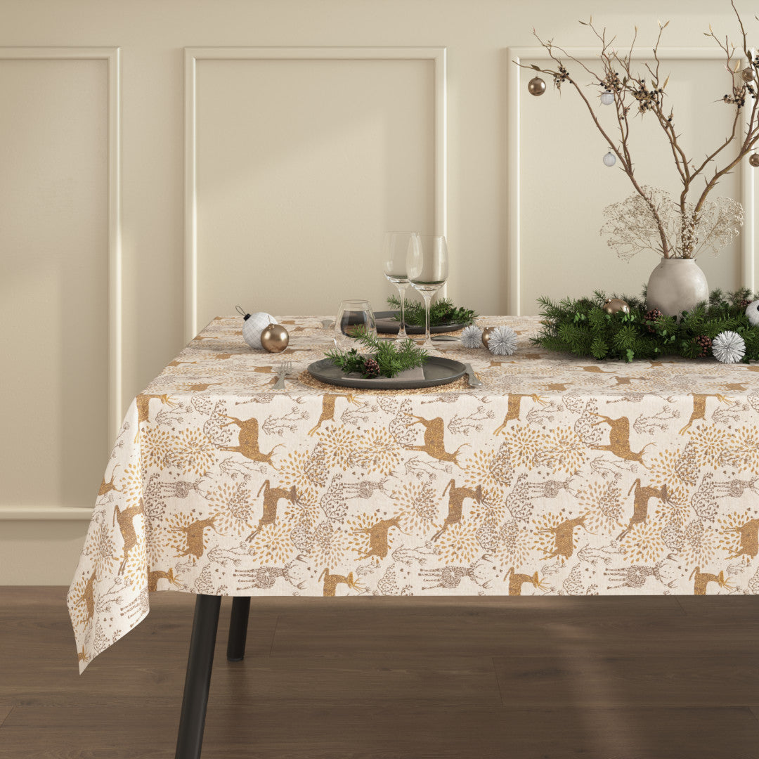 Weihnachtstischdecke Golden Reindeers von der Seite mit eleganten goldenen Rentiermotiven