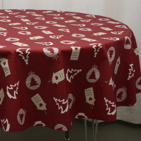Weihnachtstischdecke, Home Sweet Home, Bordeauxrot – runde abwaschbare Tischdecke mit Weihnachtsmotiven