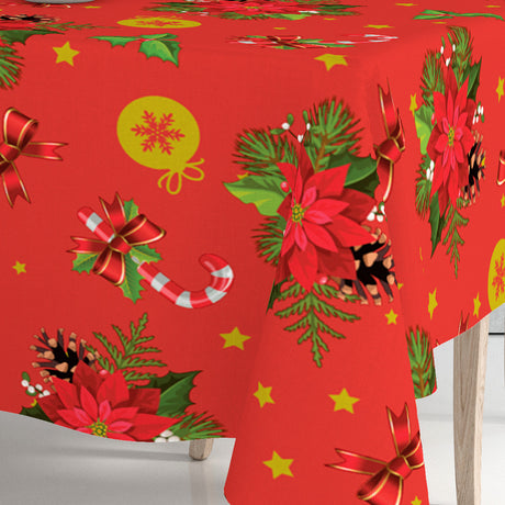 Nahaufnahme einer Ecke der Julens Glød Wachstuch Tischdecke mit Weihnachtsmotiven