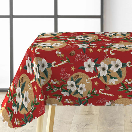 Rote Wachstuch Tischdecke für Weihnachten mit weißen Christrosen und goldenem Muster auf dem Tisch