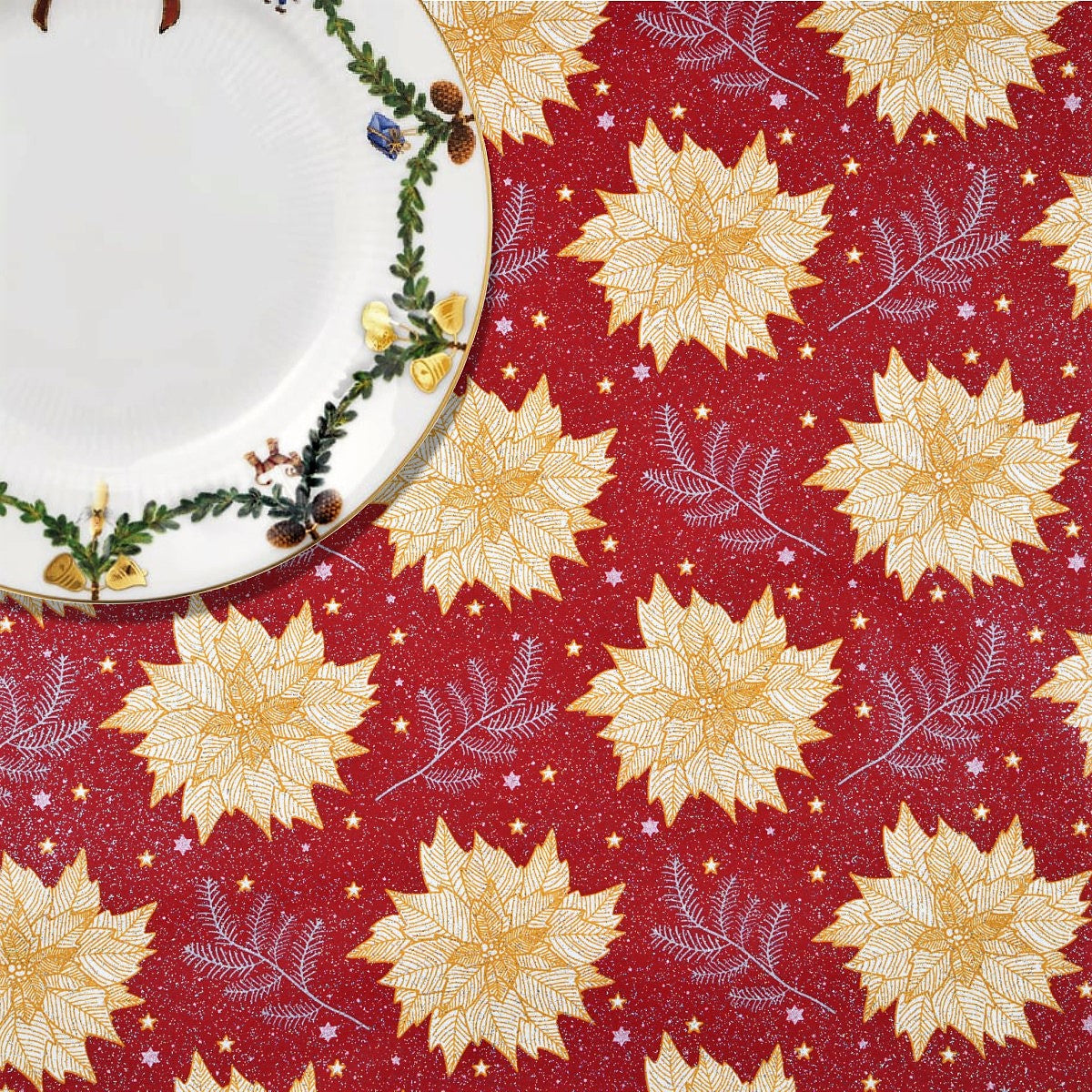 Weihnachtsstern Rot - Abwaschbare Weihnachtstischdecke mit Weihnachtssternen, Tannengrün und Glitzer
