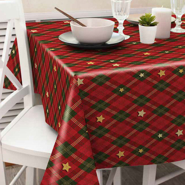 Weihnachtskaros Rot/Grün – schöne karierte Wachstuch Tischdecke für Weihnachten mit goldenen Sternen