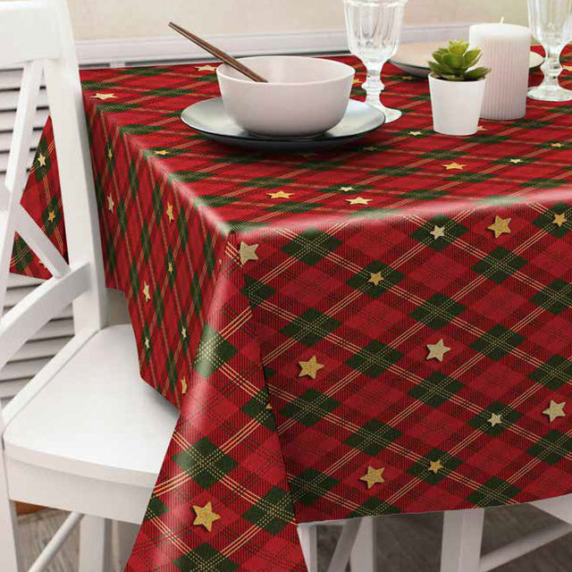 Weihnachtskaros Rot/Grün – schöne karierte Wachstuch Tischdecke für Weihnachten mit goldenen Sternen