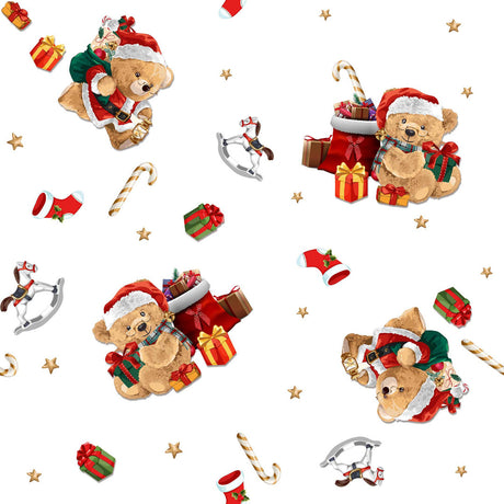 Nahaufnahme der Wachstuch Tischdecke für Weihnachten mit Teddybären und Geschenken