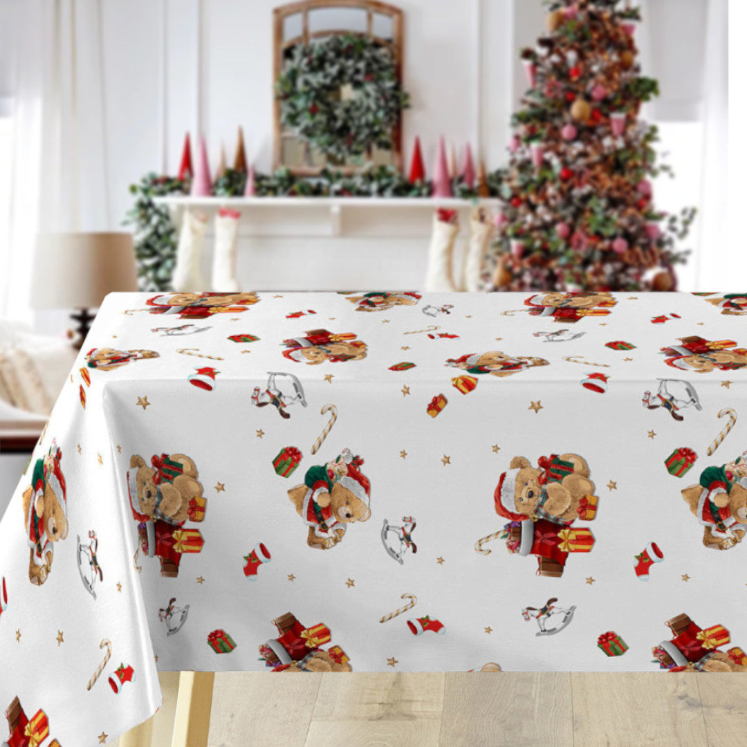 Oursons – Wachstuch Tischdecke für Weihnachten mit süßen Teddybären und Geschenken