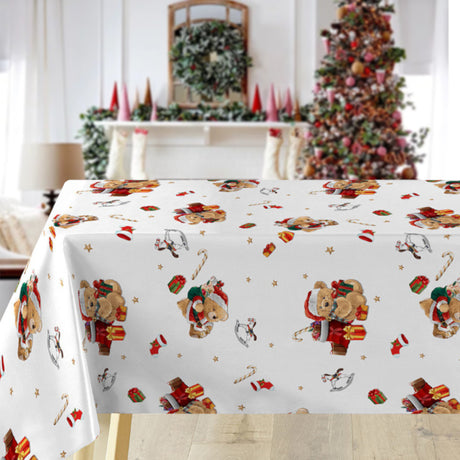 Oursons – Wachstuch Tischdecke für Weihnachten mit süßen Teddybären und Geschenken