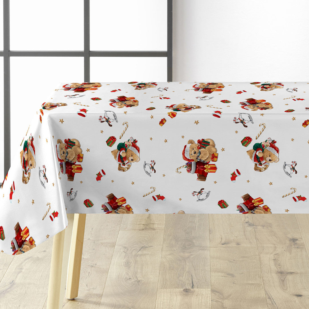 Wachstuch Tischdecke für Weihnachten mit Teddybären und Geschenken auf dem Tisch
